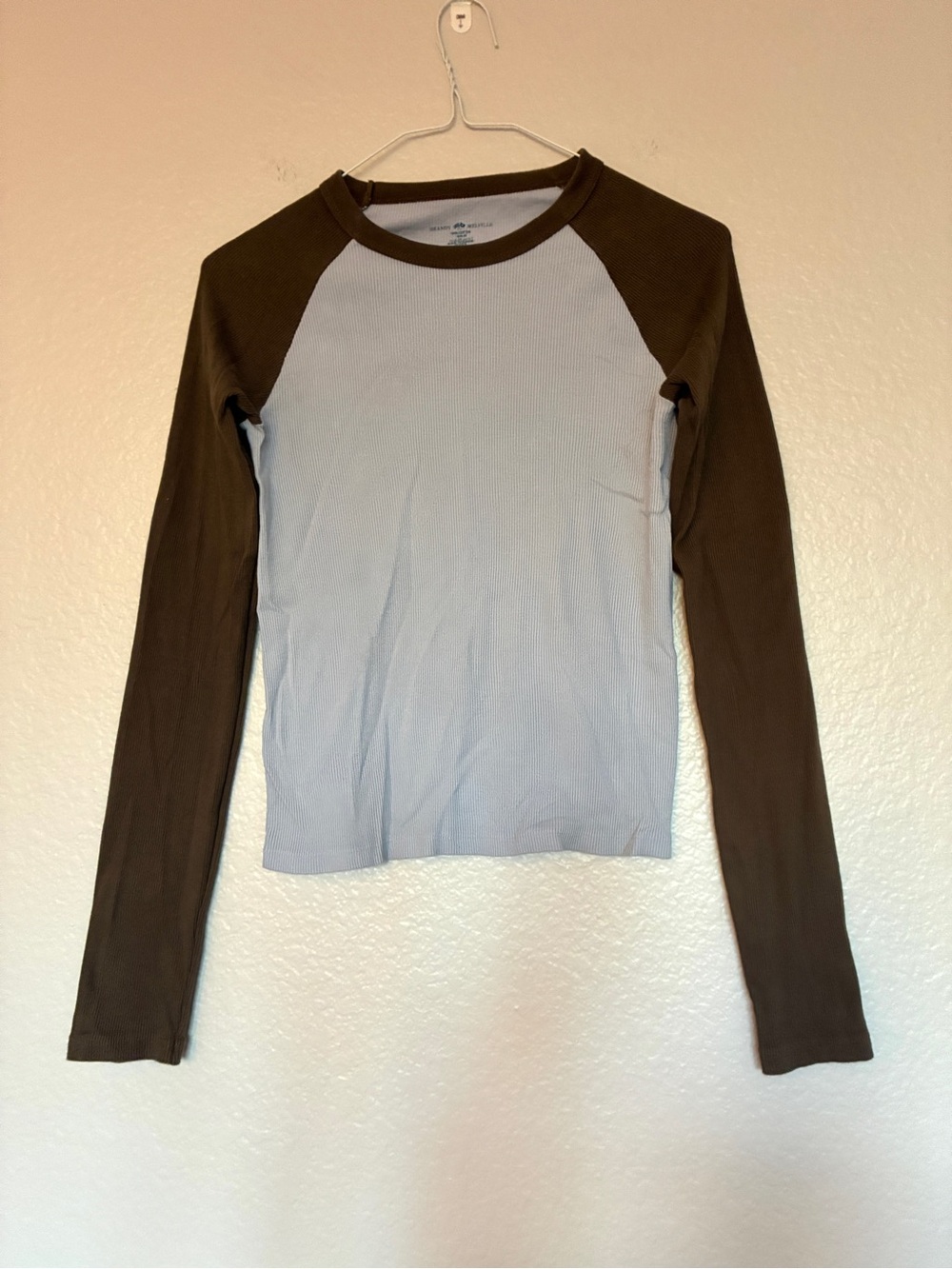 Brandy Melville 100% Cotton Brown & Light Blue Raglan Long Sleeve Top Unique Y2K